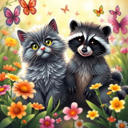 A playful scene featuring a fluffy cat and a raccoon sitting side by side in a colorful, lush garden