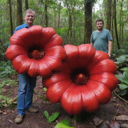 A picture for scale, showing the world's largest flower, the Rafflesia arnoldii, in comparison to a regular-sized human. The human’s size emphasized by the enormous diameter of the vibrant flower, creating a fascinating contrast.