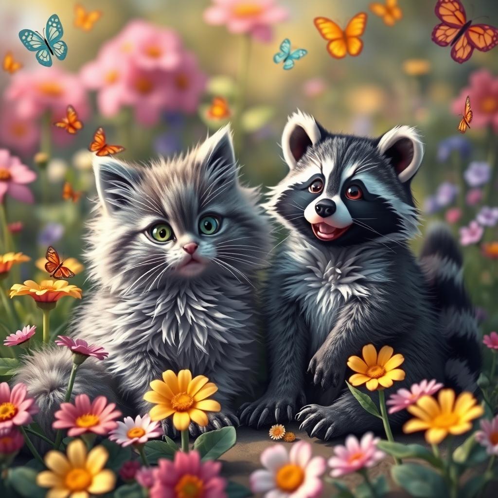 A playful scene featuring a fluffy cat and a raccoon sitting side by side in a colorful, lush garden