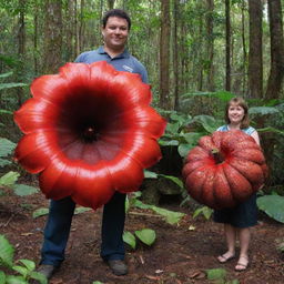 A picture for scale, showing the world's largest flower, the Rafflesia arnoldii, in comparison to a regular-sized human. The human’s size emphasized by the enormous diameter of the vibrant flower, creating a fascinating contrast.