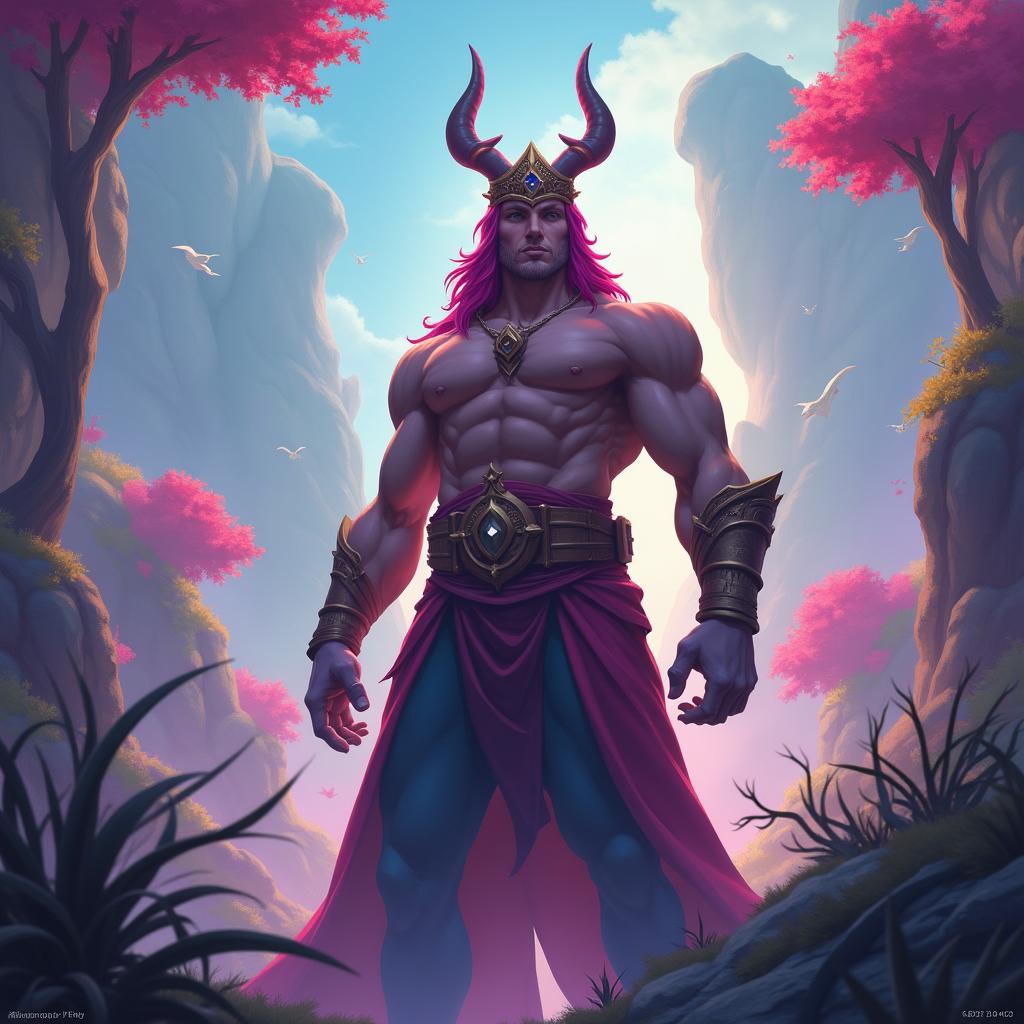 A high fantasy scene featuring Malzahar from League of Legends, depicted as a muscular and handsome character in a vibrant, epic setting