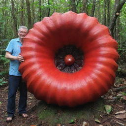 A picture for scale, showing the world's largest flower, the Rafflesia arnoldii, in comparison to a regular-sized human. The human’s size emphasized by the enormous diameter of the vibrant flower, creating a fascinating contrast.