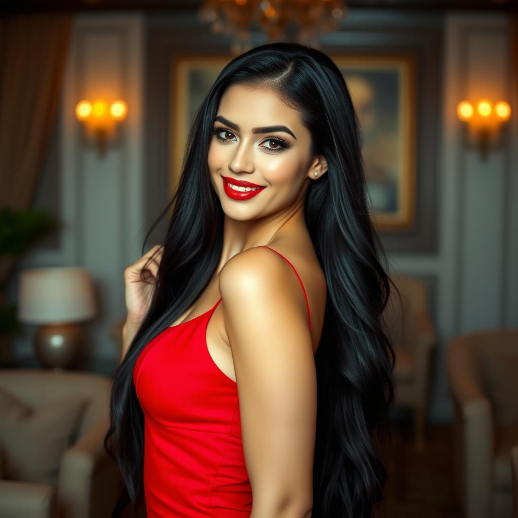 A stunning sexy woman with long flowing black hair, wearing a form-fitting red dress that accentuates her curves