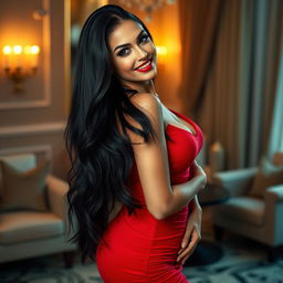 A stunning sexy woman with long flowing black hair, wearing a form-fitting red dress that accentuates her curves