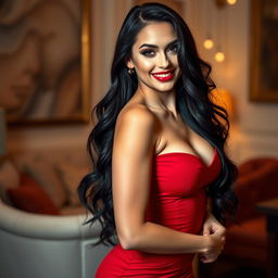 A stunning sexy woman with long flowing black hair, wearing a form-fitting red dress that accentuates her curves