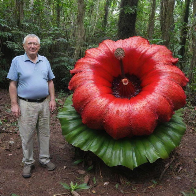 A picture for scale, showing the world's largest flower, the Rafflesia arnoldii, in comparison to a regular-sized human. The human’s size emphasized by the enormous diameter of the vibrant flower, creating a fascinating contrast.