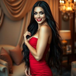 A stunning sexy woman with long flowing black hair, wearing a form-fitting red dress that accentuates her curves