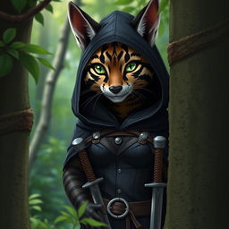 A female tabaxi with striking black striped fur peeks out from between lush trees, staring with bright green eyes