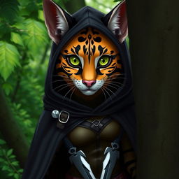 A female tabaxi with striking black striped fur peeks out from between lush trees, staring with bright green eyes