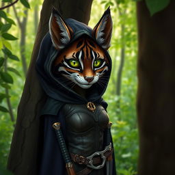 A female tabaxi with striking black striped fur peeks out from between lush trees, staring with bright green eyes