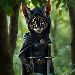 A female tabaxi with striking black striped fur peeks out from between lush trees, staring with bright green eyes