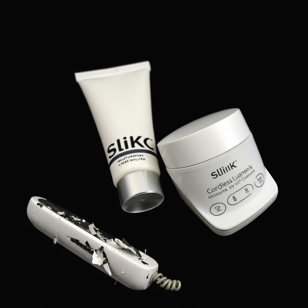 A close-up view of a smashed cordless phone receiver resting next to a sleek moisturizer container labeled 'SLiKK'