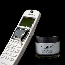 A close-up view of a smashed cordless phone receiver resting next to a sleek moisturizer container labeled 'SLiKK'