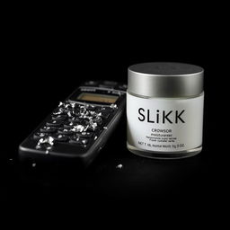 A close-up view of a smashed cordless phone receiver resting next to a sleek moisturizer container labeled 'SLiKK'