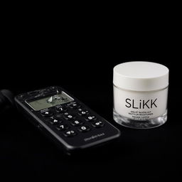 A close-up view of a smashed cordless phone receiver resting next to a sleek moisturizer container labeled 'SLiKK'