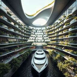 A super photorealistic image of a modern building designed to resemble the silhouette of Ukraine, featuring a prominent large opening that mimics the shape of the Ukrainian map