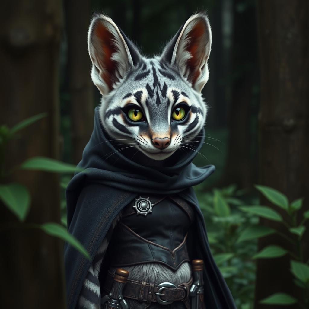 A female tabaxi with grey and black striped fur peers out from between the trees, curiously staring with bright green eyes