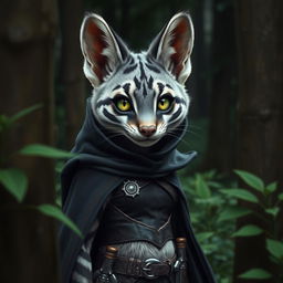 A female tabaxi with grey and black striped fur peers out from between the trees, curiously staring with bright green eyes