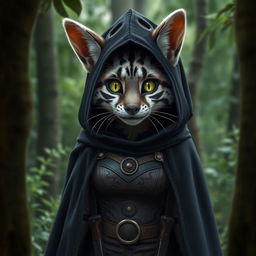 A female tabaxi with grey and black striped fur peers out from between the trees, curiously staring with bright green eyes