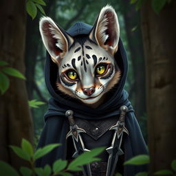 A female tabaxi with grey and black striped fur peers out from between the trees, curiously staring with bright green eyes