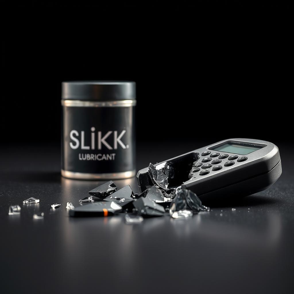 A close-up of a smashed cordless phone receiver lying on a smooth surface, next to a sleek container of lubricant labeled 'SLiKK'