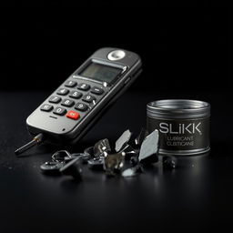 A close-up of a smashed cordless phone receiver lying on a smooth surface, next to a sleek container of lubricant labeled 'SLiKK'