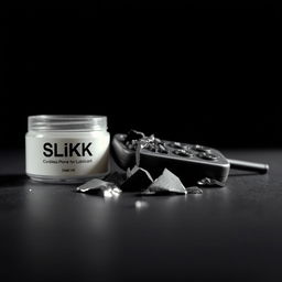 A close-up of a smashed cordless phone receiver lying on a smooth surface, next to a sleek container of lubricant labeled 'SLiKK'