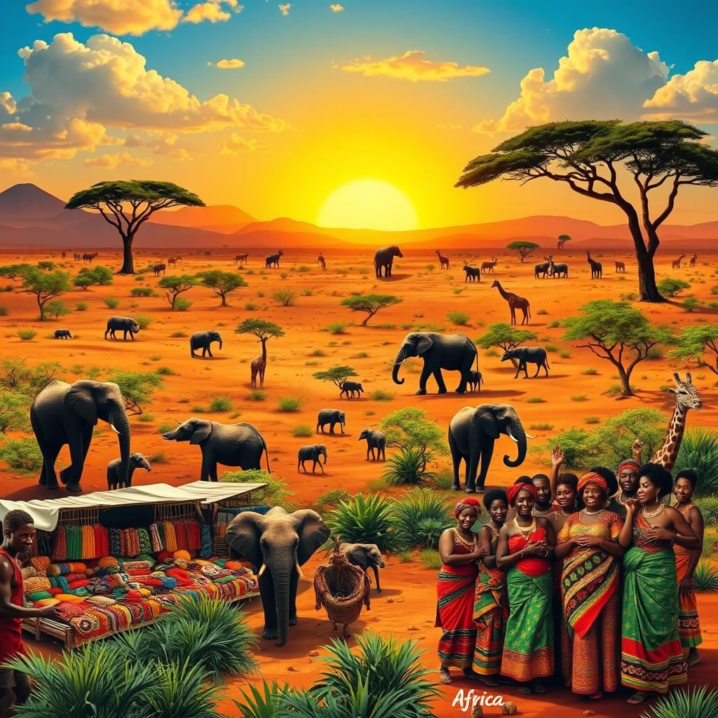 A vibrant and colorful representation of Africa, showcasing its diverse landscapes and cultures