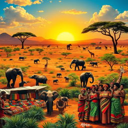 A vibrant and colorful representation of Africa, showcasing its diverse landscapes and cultures