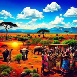 A vibrant and colorful representation of Africa, showcasing its diverse landscapes and cultures