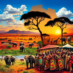 A vibrant and colorful representation of Africa, showcasing its diverse landscapes and cultures