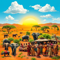 A vibrant and colorful representation of Africa, showcasing its diverse landscapes and cultures