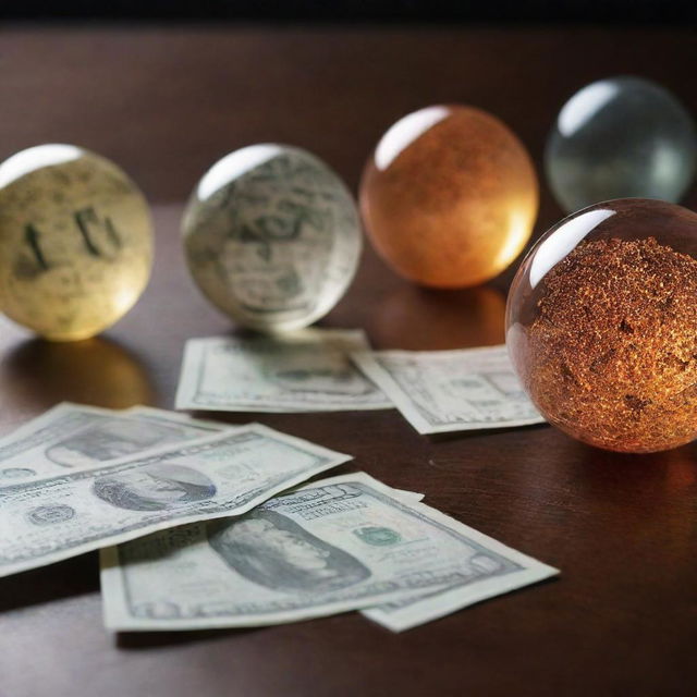 Represent the concept of Expected Monetary Value in decision making. Imagine a table filled with different monetary values associated with various chance events, encapsulated within glowing spheres, symbolizing uncertain outcomes.