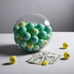 Represent the concept of Expected Monetary Value in decision making. Imagine a table filled with different monetary values associated with various chance events, encapsulated within glowing spheres, symbolizing uncertain outcomes.