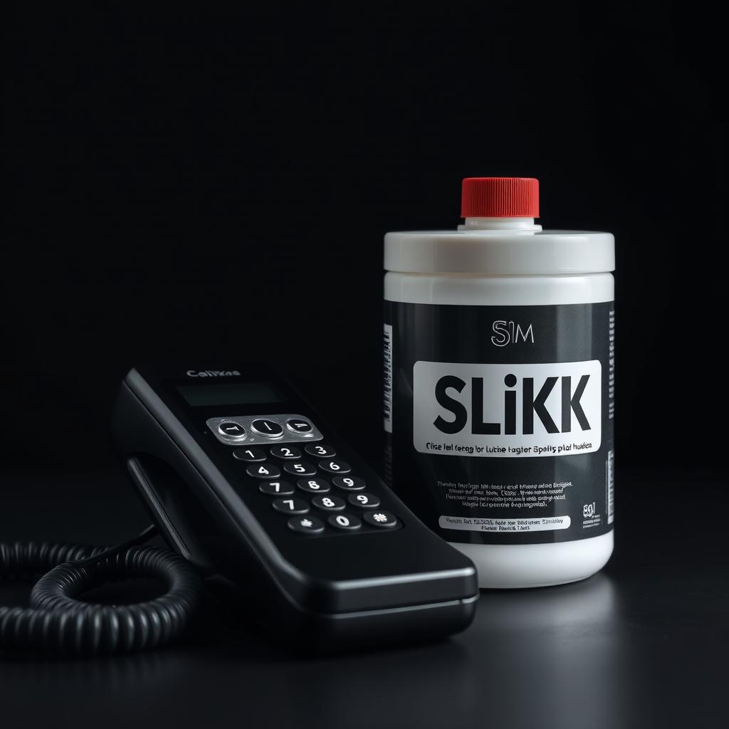 A close-up shot of a cordless phone receiver elegantly placed next to a large container of lubricant labeled 'SLiKK'