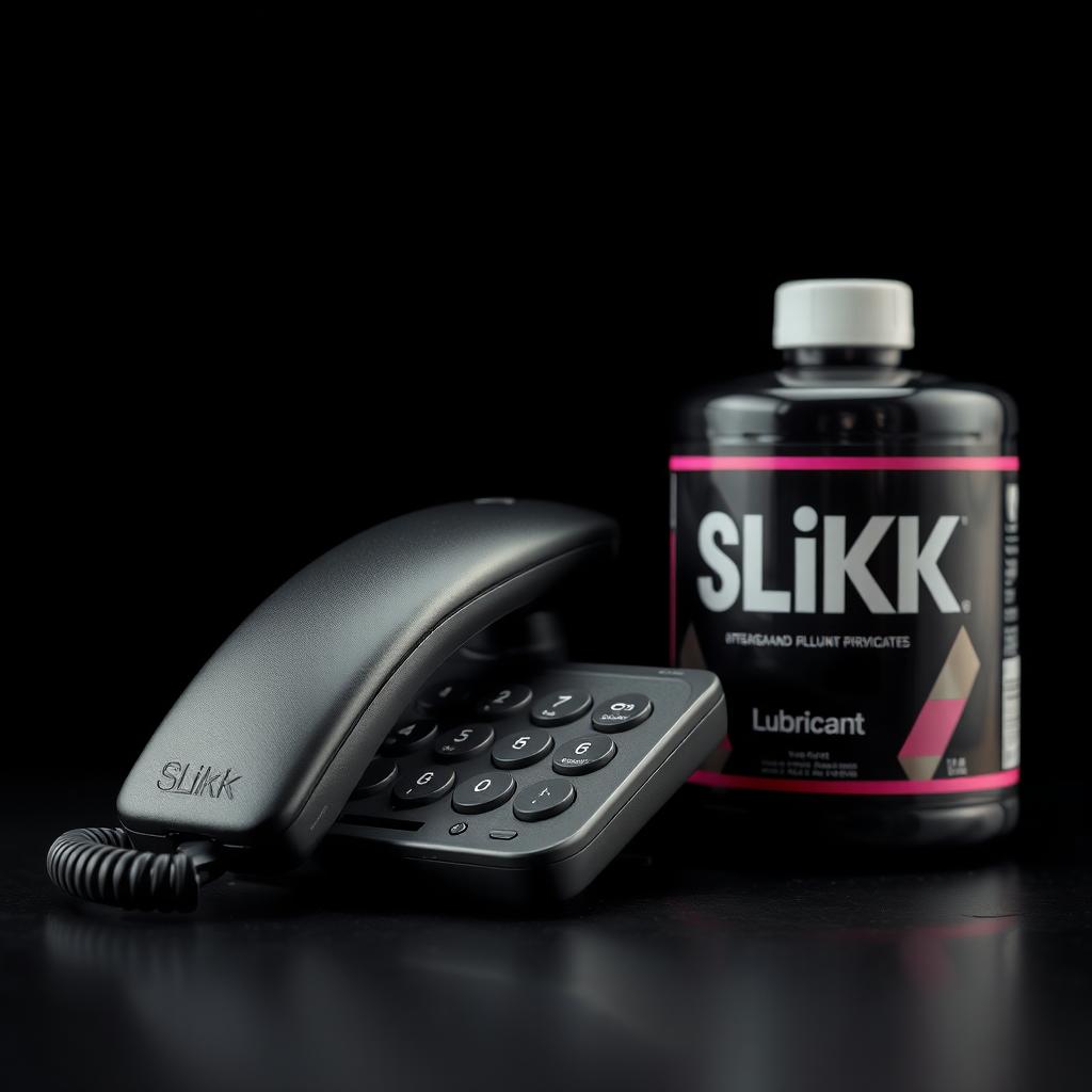 A close-up shot of a cordless phone receiver elegantly placed next to a large container of lubricant labeled 'SLiKK'