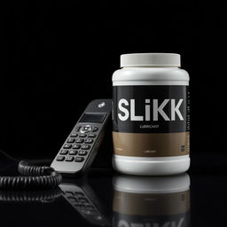 A close-up shot of a cordless phone receiver elegantly placed next to a large container of lubricant labeled 'SLiKK'