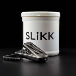 A close-up shot of a cordless phone receiver elegantly placed next to a large container of lubricant labeled 'SLiKK'