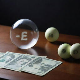 Represent the concept of Expected Monetary Value in decision making. Imagine a table filled with different monetary values associated with various chance events, encapsulated within glowing spheres, symbolizing uncertain outcomes.