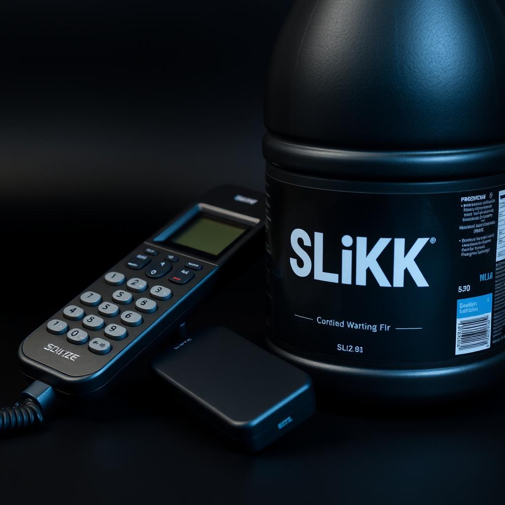 A close-up shot of a cordless phone receiver resting next to a large container of lubricant labeled 'SLiKK'