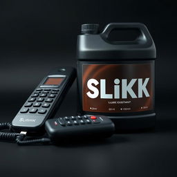 A close-up shot of a cordless phone receiver resting next to a large container of lubricant labeled 'SLiKK'