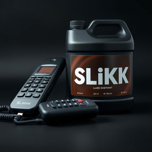 A close-up shot of a cordless phone receiver resting next to a large container of lubricant labeled 'SLiKK'