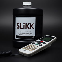 A close-up shot of a cordless phone receiver resting next to a large container of lubricant labeled 'SLiKK'