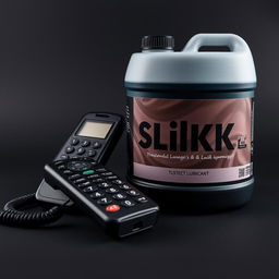 A close-up shot of a cordless phone receiver resting next to a large container of lubricant labeled 'SLiKK'