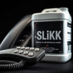 A close-up view of a cordless phone receiver positioned beside a large container of lubricant labeled 'SLiKK'