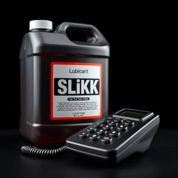 A close-up view of a cordless phone receiver positioned beside a large container of lubricant labeled 'SLiKK'