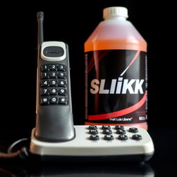 A close-up view of a cordless phone receiver positioned beside a large container of lubricant labeled 'SLiKK'