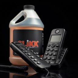 A close-up view of a cordless phone receiver positioned beside a large container of lubricant labeled 'SLiKK'