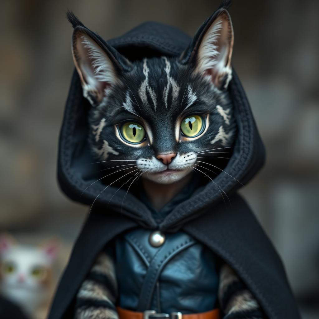 A female tabaxi resembling a housecat, featuring sleek black fur adorned with light grey stripes, stands at just 3 feet tall, embodying an adorable, petite presence