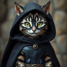 A female tabaxi resembling a housecat, featuring sleek black fur adorned with light grey stripes, stands at just 3 feet tall, embodying an adorable, petite presence